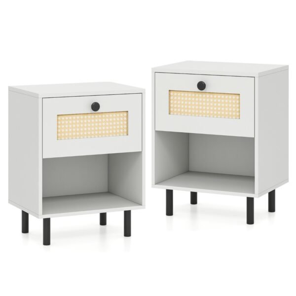 Boho stiliaus naktinis staliukas su rotango stalčiumi (2 vnt. komplektas) (Balta)