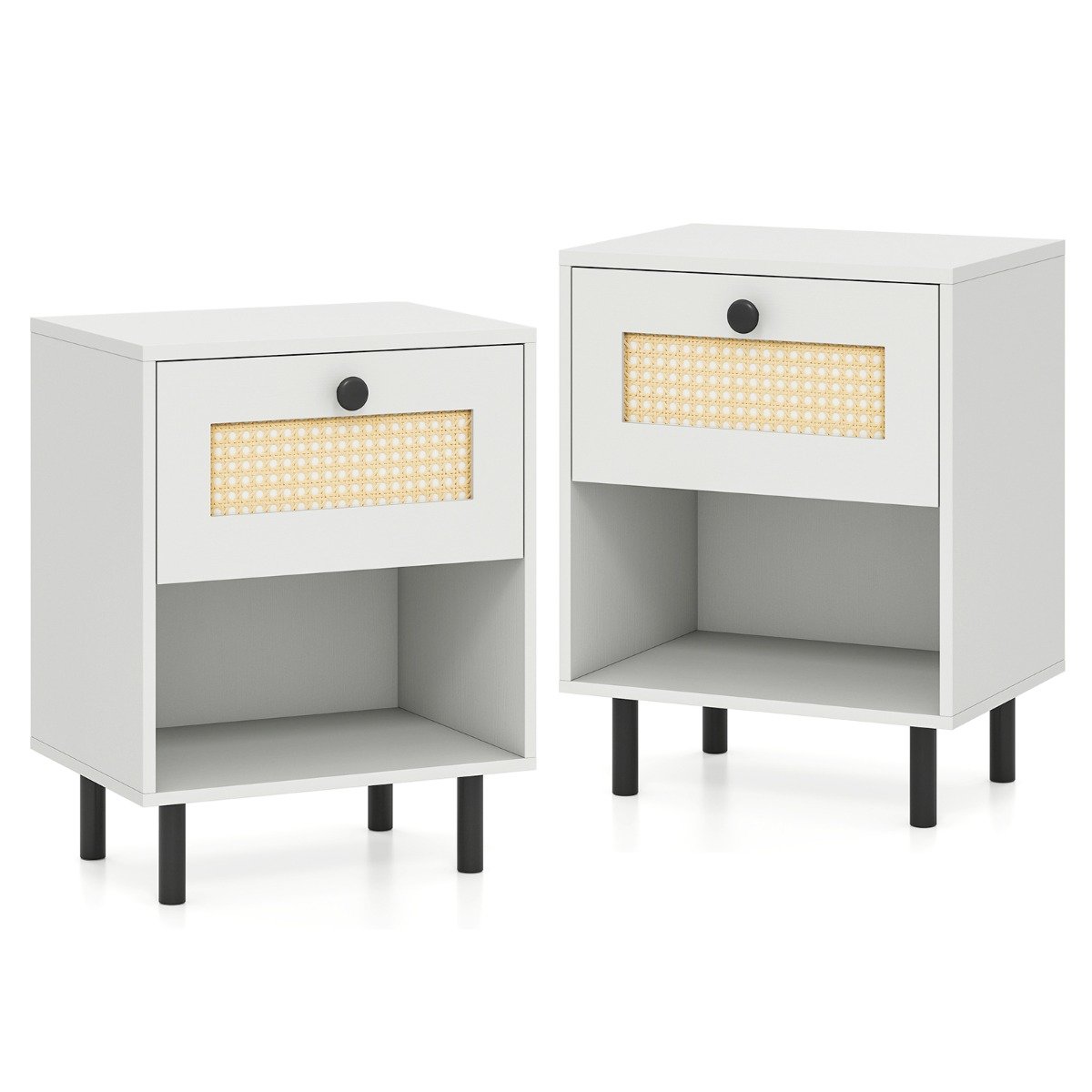 Boho stiliaus naktinis staliukas su rotango stalčiumi (2 vnt. komplektas) (Balta)