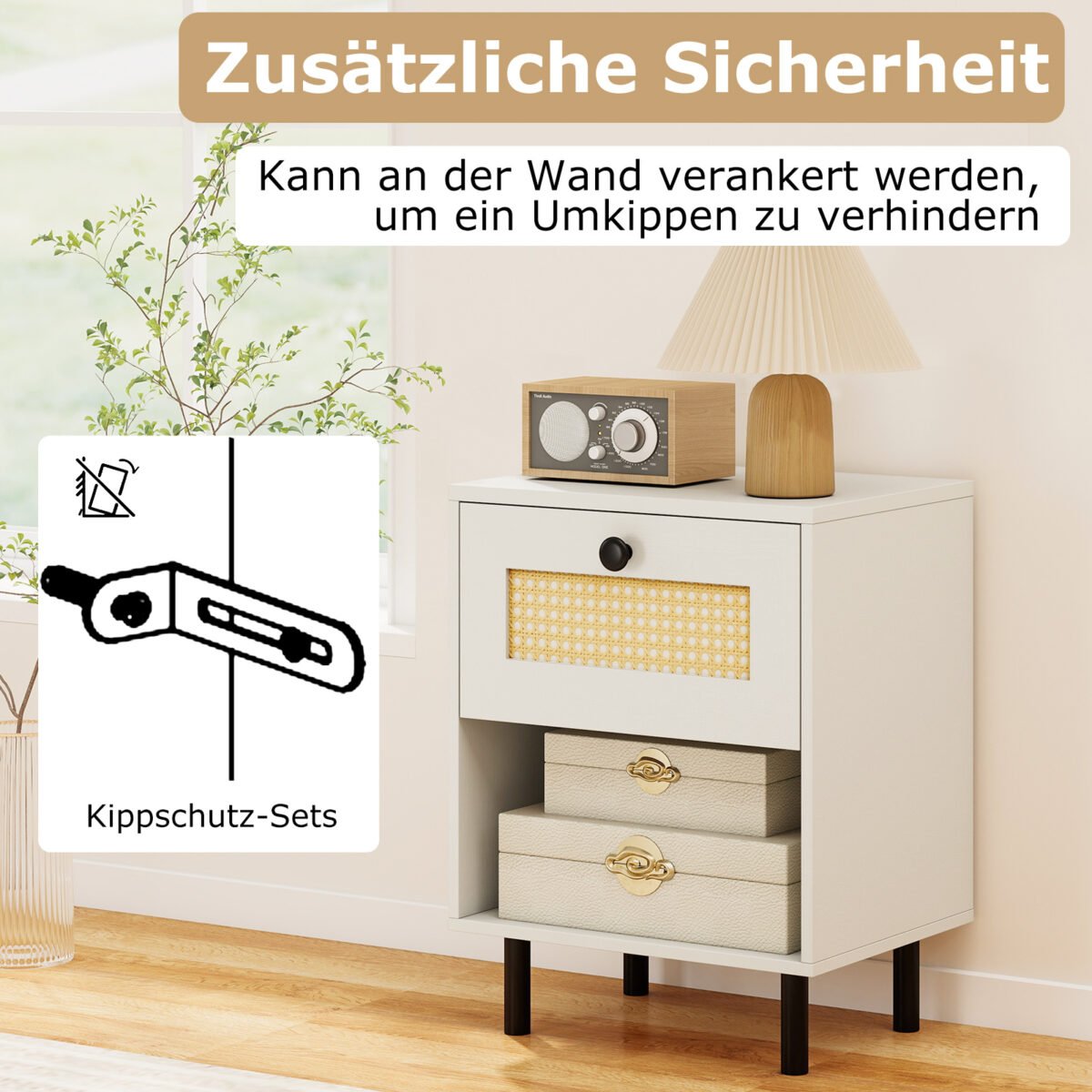 Boho stiliaus naktinis staliukas su rotango stalčiumi (Balta) – Paveikslėlis 4