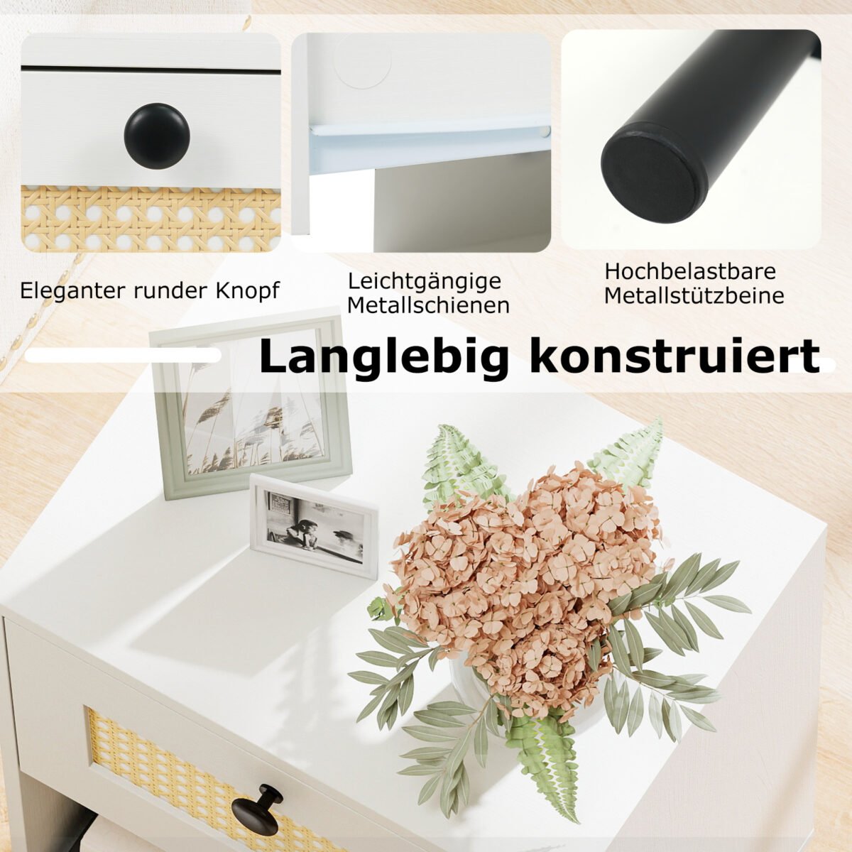 Boho stiliaus naktinis staliukas su rotango stalčiumi (Balta) – Paveikslėlis 5