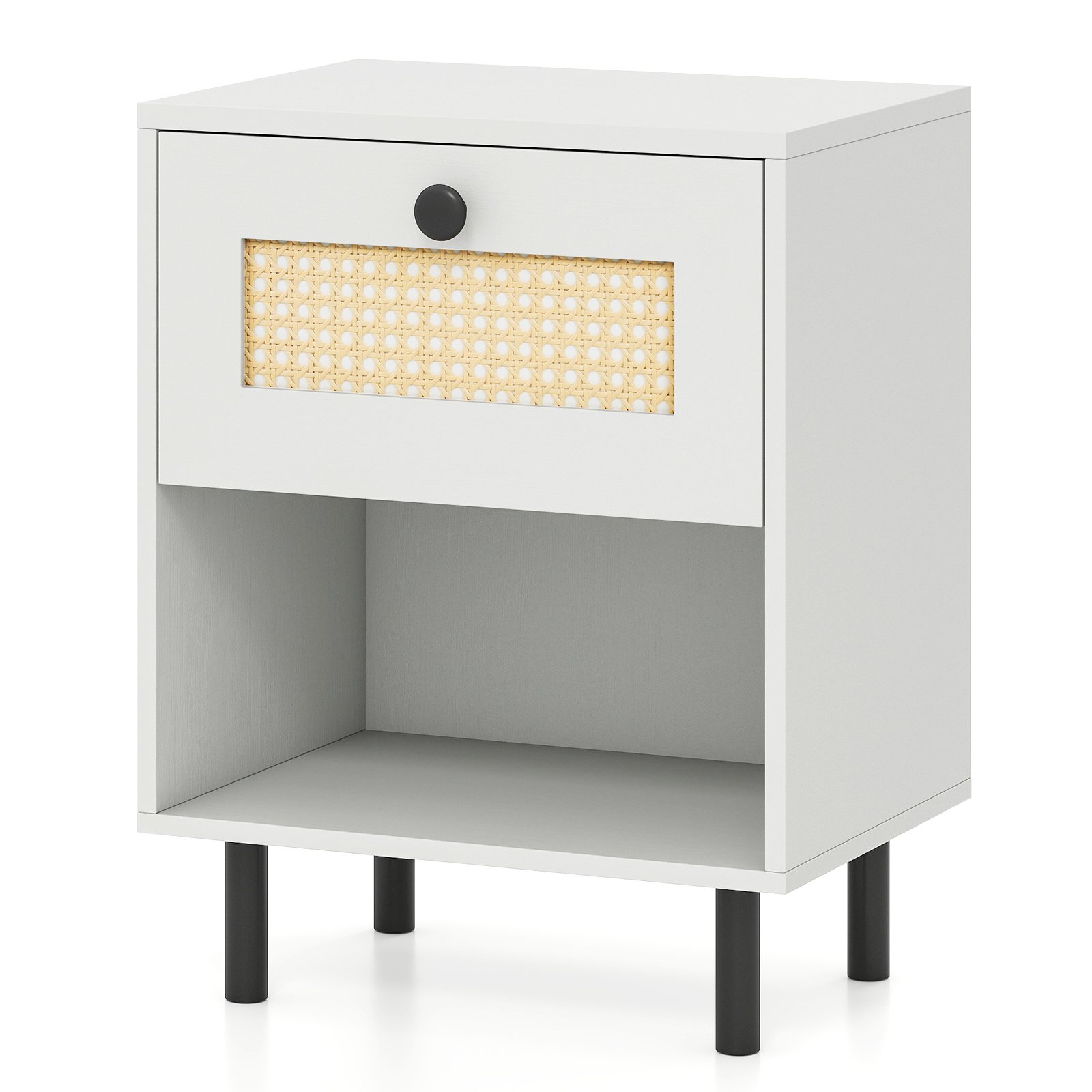 Boho stiliaus naktinis staliukas su rotango stalčiumi (Balta)