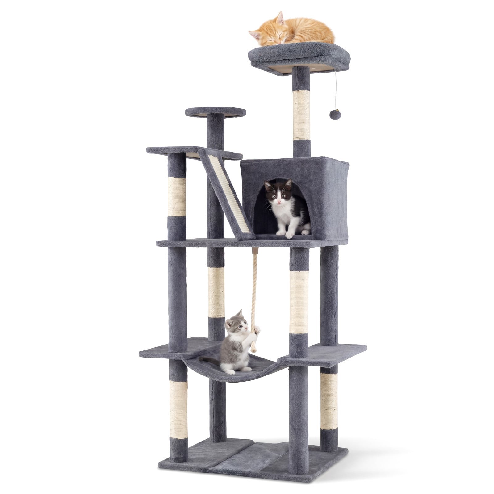 Daugiaaukštis kačių draskyklės medis su guoliu hamaku ir apžvalgos aikštele (Tamsiai pilka)