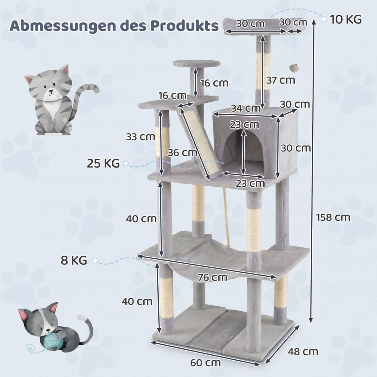 Daugiaaukštis kačių medelis su sizalio draskyklėmis 158 cm (Šviesiai pilka) – Paveikslėlis 2