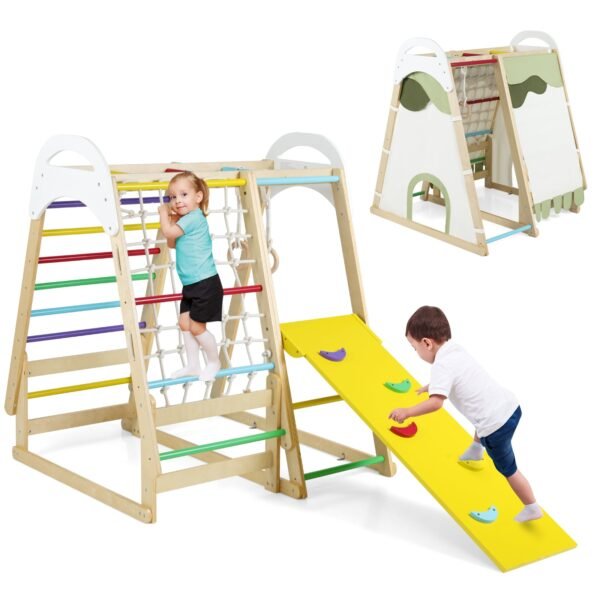 Medinė vidaus žaidimų aikštelė su čiuožykla ir laipiojimo elementais (Natūrali)