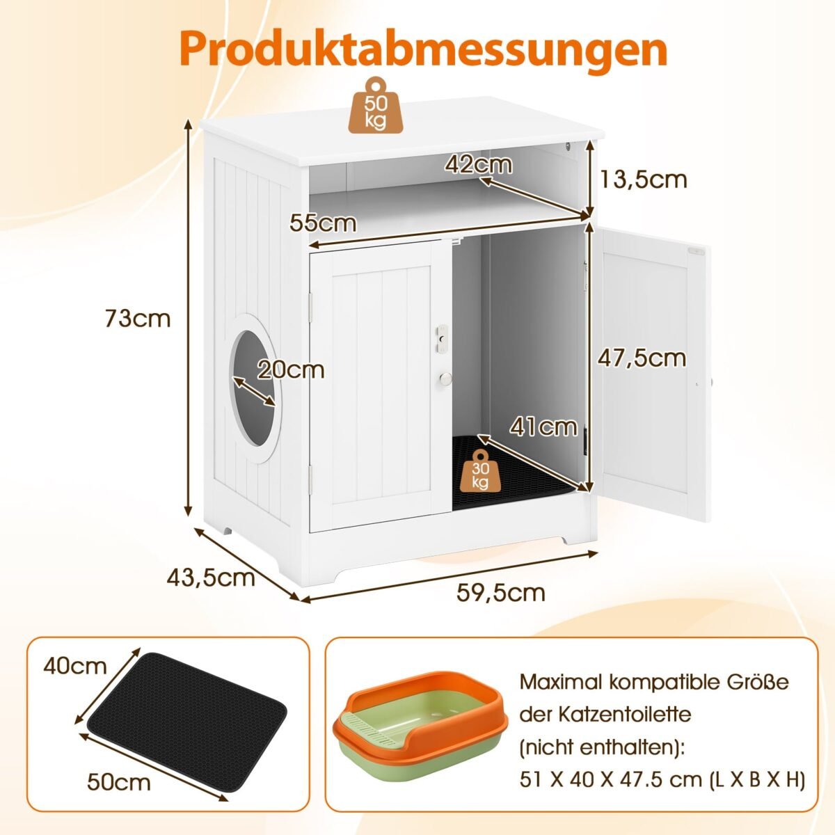 Daugiafunkcinė kačių tualeto spintelė-staliukas 3in1 su integruotu kilimėliu (Balta) – Paveikslėlis 2