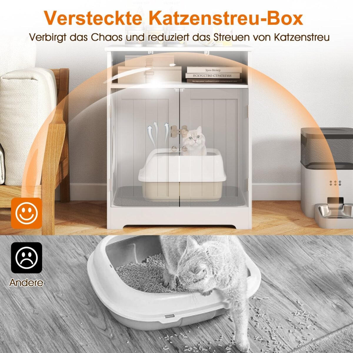 Daugiafunkcinė kačių tualeto spintelė-staliukas 3in1 su integruotu kilimėliu (Balta) – Paveikslėlis 3