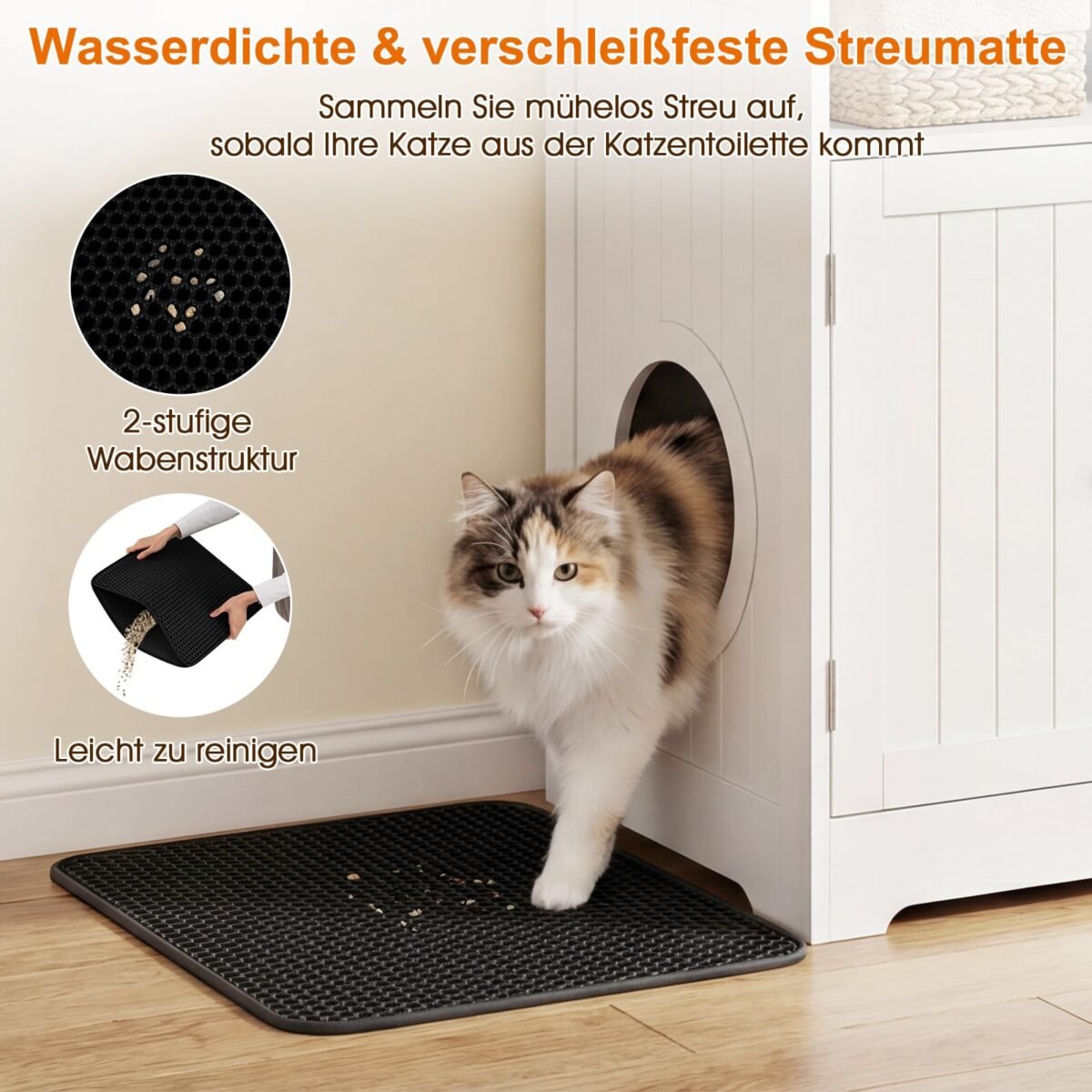 Daugiafunkcinė kačių tualeto spintelė-staliukas 3in1 su integruotu kilimėliu (Balta) – Paveikslėlis 4