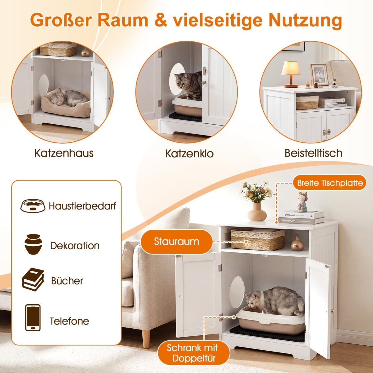 Daugiafunkcinė kačių tualeto spintelė-staliukas 3in1 su integruotu kilimėliu (Balta) – Paveikslėlis 5