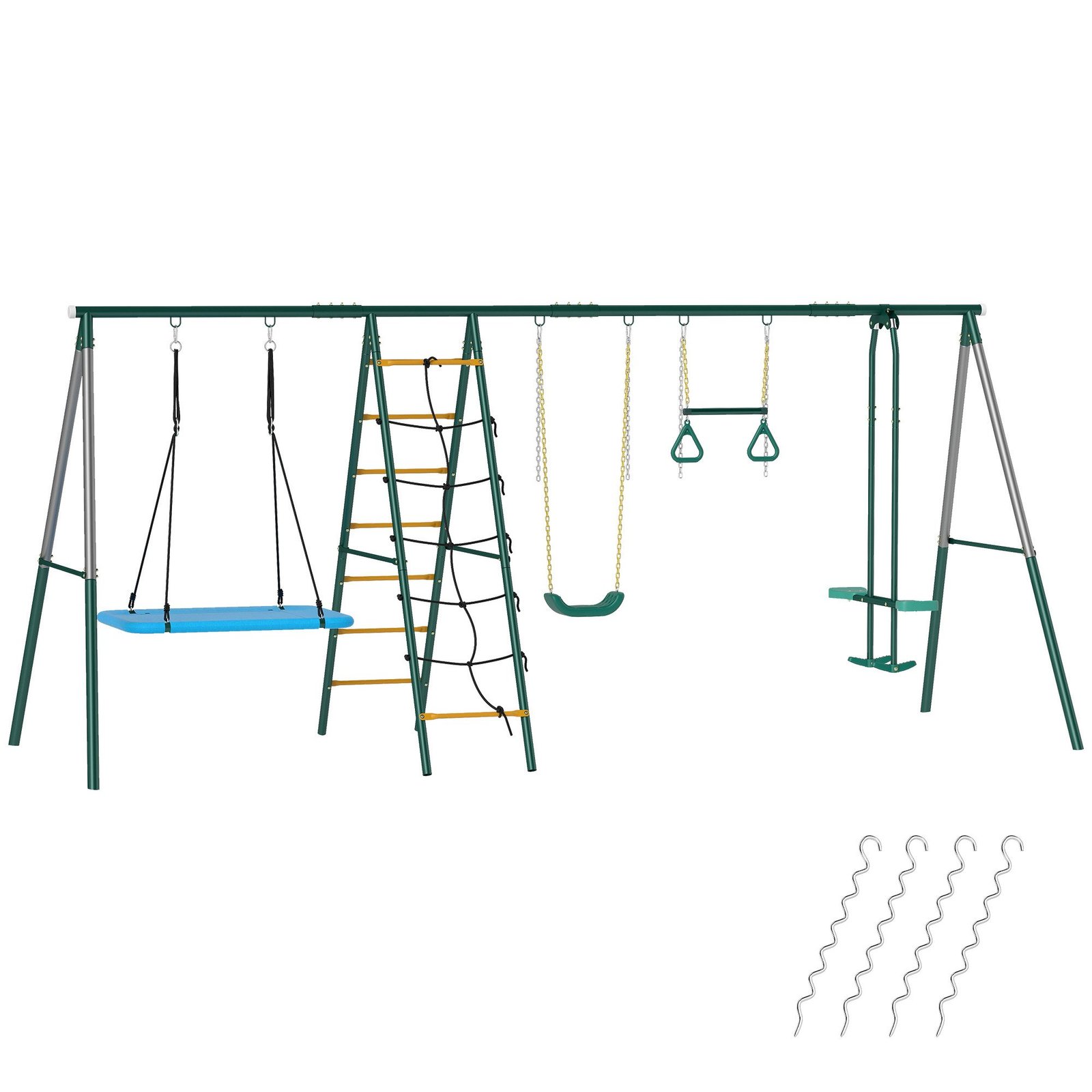 Daugiafunkcinis 5 viename lauko žaidimų kompleksas su reguliuojamo aukščio sūpynėmis ir laipiojimo zona