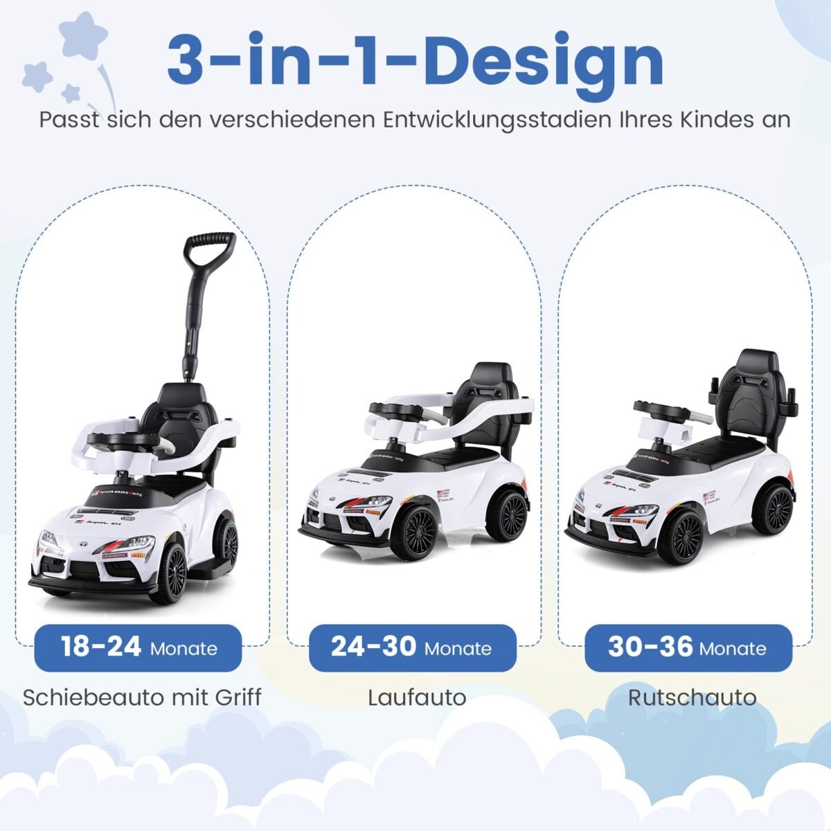 Paspiriama mašinėlė-stumdukas su stūmimo rankena 3-in-1 (Balta) – Paveikslėlis 3