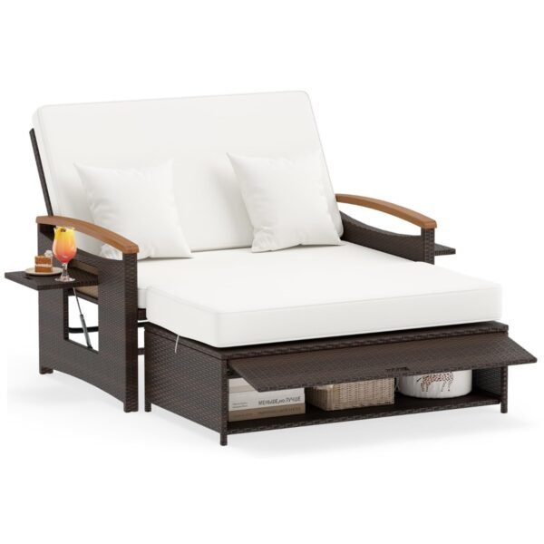 Daugiafunkcis Rataninis Lauko Baldų Komplektas 3 viename su Sofa ir Otomane (Balta)