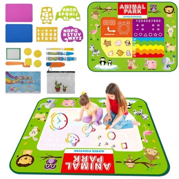 Didelis dvipusis edukacinis vandens piešimo kilimėlis su gyvūnais