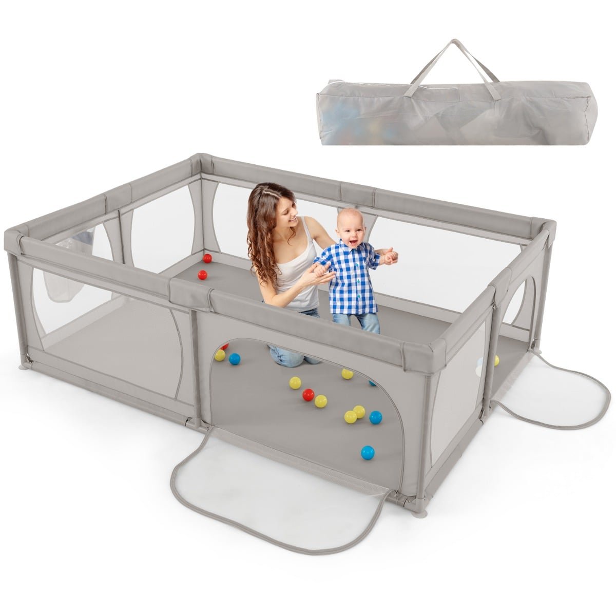 Didelis kūdikių maniežas su 50 kamuoliukų ir kvėpuojančiu tinkleliu (Pilka)