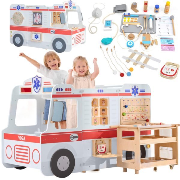 Didelis medinis greitosios pagalbos automobilio rinkinys su 25 priedais