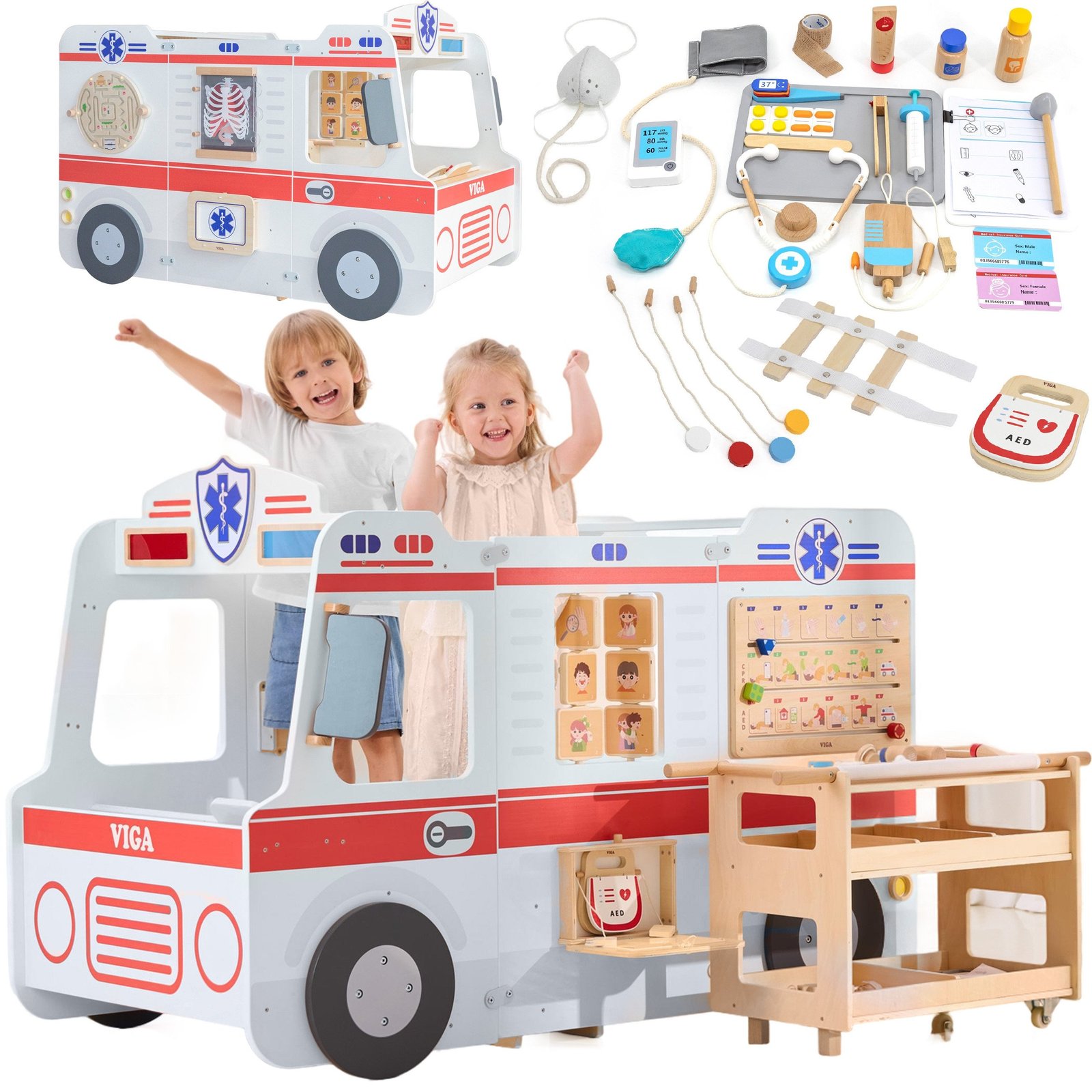 Didelis medinis greitosios pagalbos automobilio rinkinys su 25 priedais