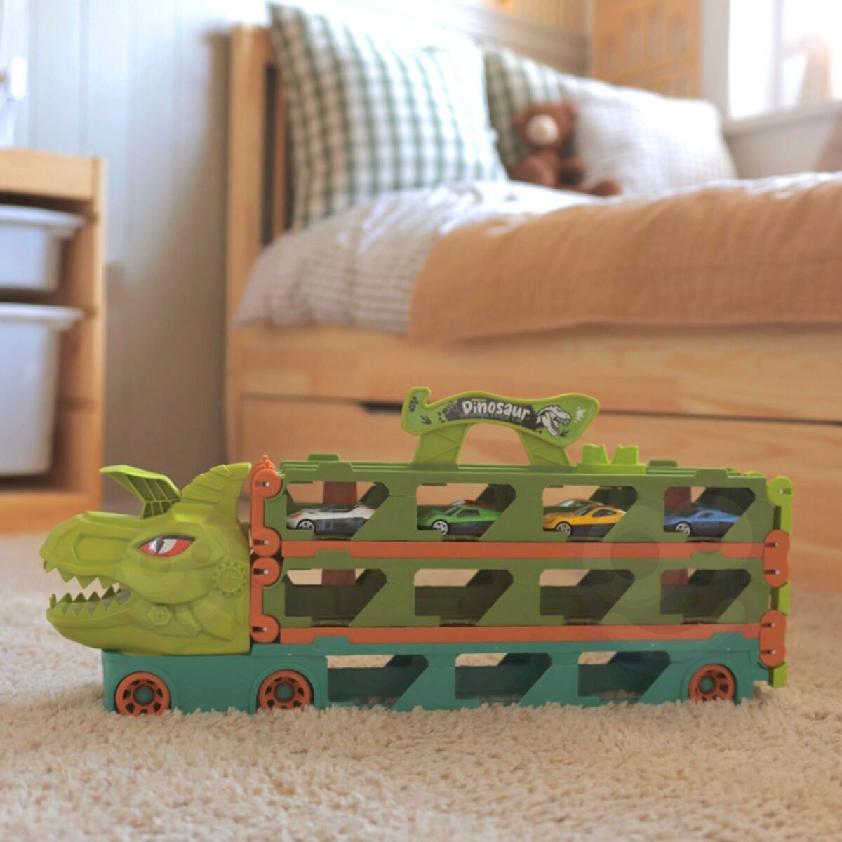 Dinozauro transporteris su išskleidžiama 2,1 m trasa automobiliukams – Paveikslėlis 6