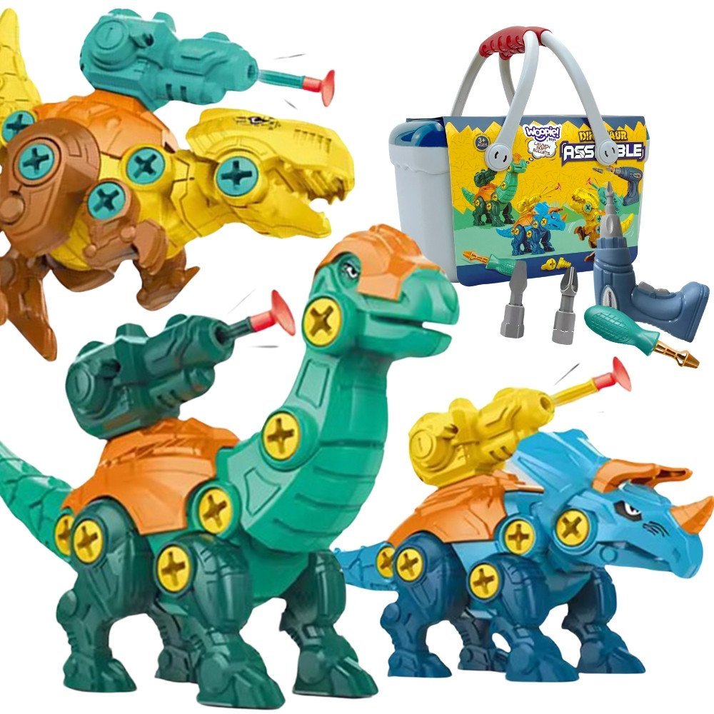 Dinozaurų konstravimo rinkinys trims dinozaurams su gręžtuvu ir atsuktuvu