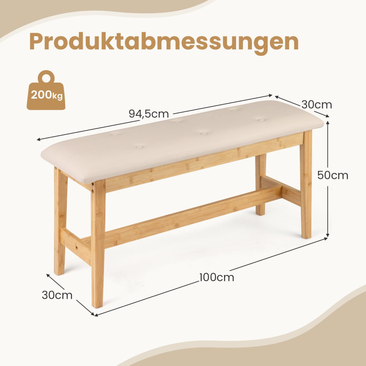 Dirbtinės odos apmušalais dengtas bambuko suoliukas su pamušalu 100 cm (Natūrali) – Paveikslėlis 2