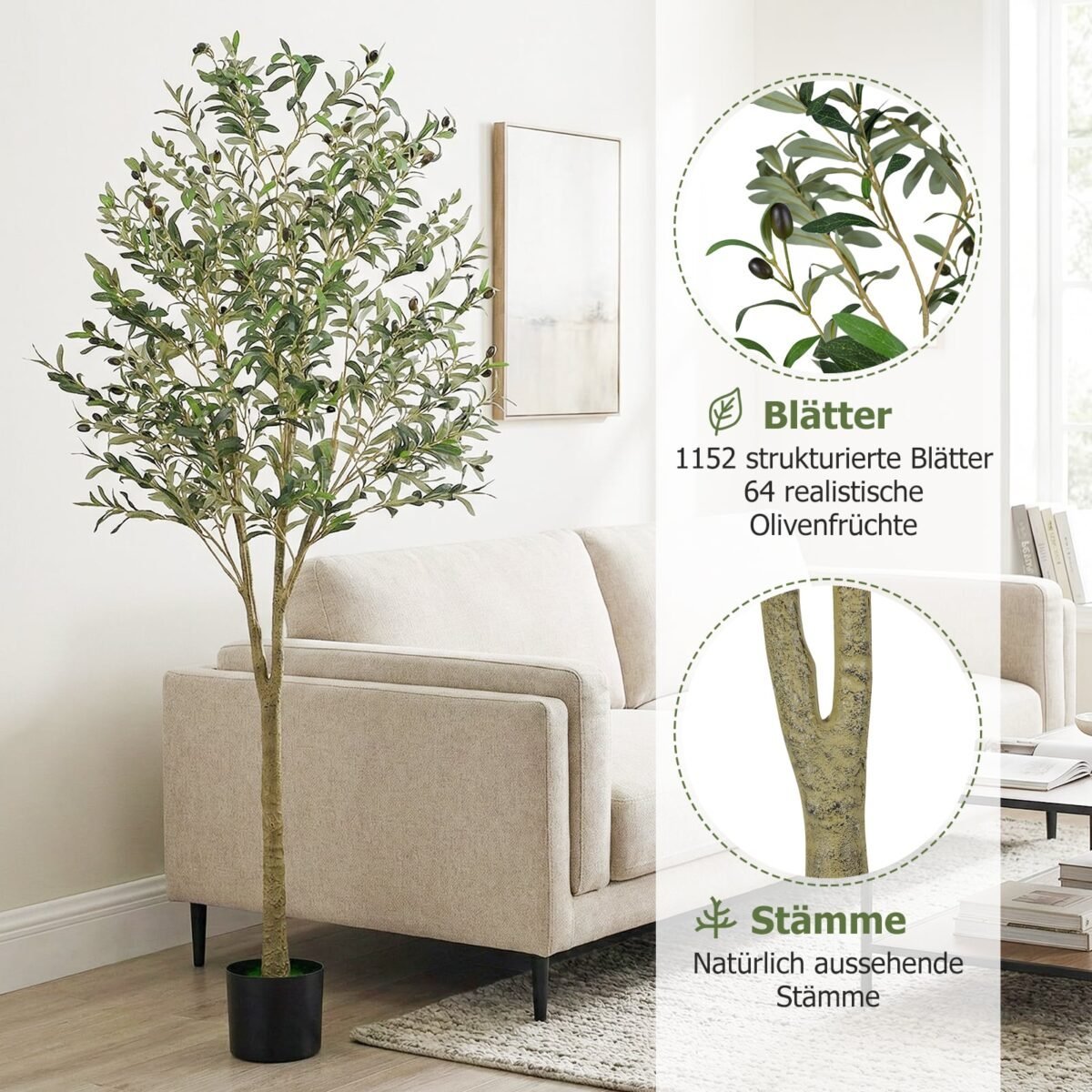 Dirbtinis alyvmedis su plastikiniu vazonu 180 cm aukščio (Žalia) – Paveikslėlis 3