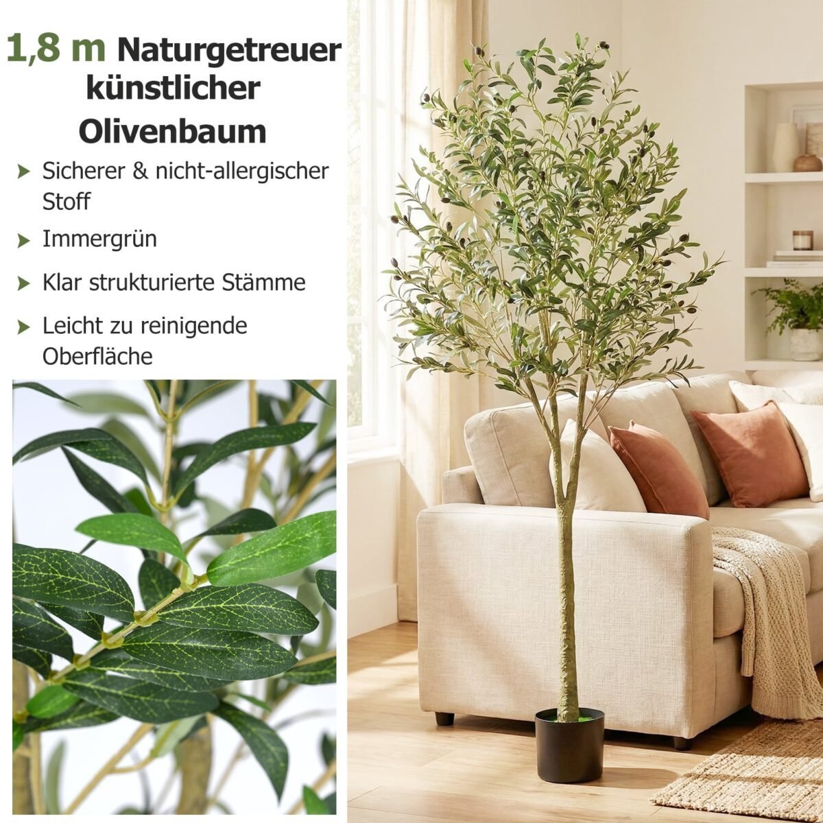 Dirbtinis alyvmedis su plastikiniu vazonu 180 cm aukščio (Žalia) – Paveikslėlis 4