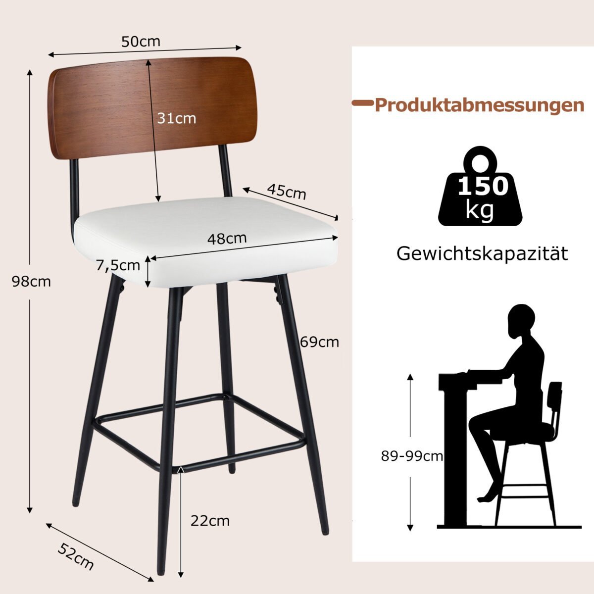Dvi pasukamos baro kėdės su paminkštintu atlošu (Balta) – Paveikslėlis 2