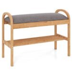 Dviaukštis bambukinis batų suoliukas su paminkštinta sėdyne ir daiktadėže (Pilka)