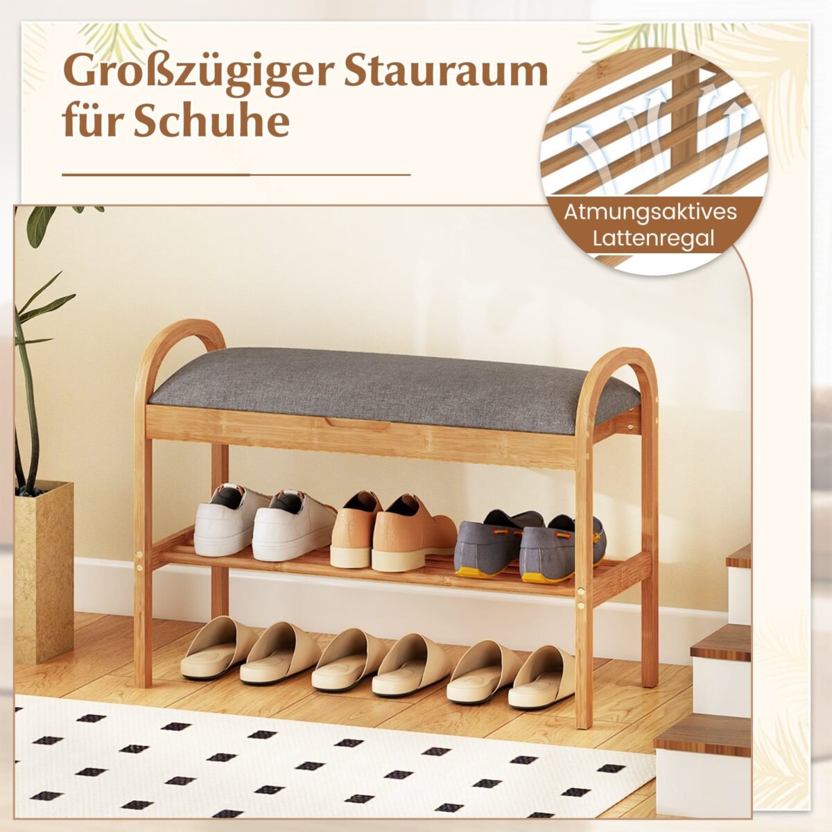 Dviaukštis bambukinis batų suoliukas su paminkštinta sėdyne ir daiktadėže (Pilka) – Paveikslėlis 3