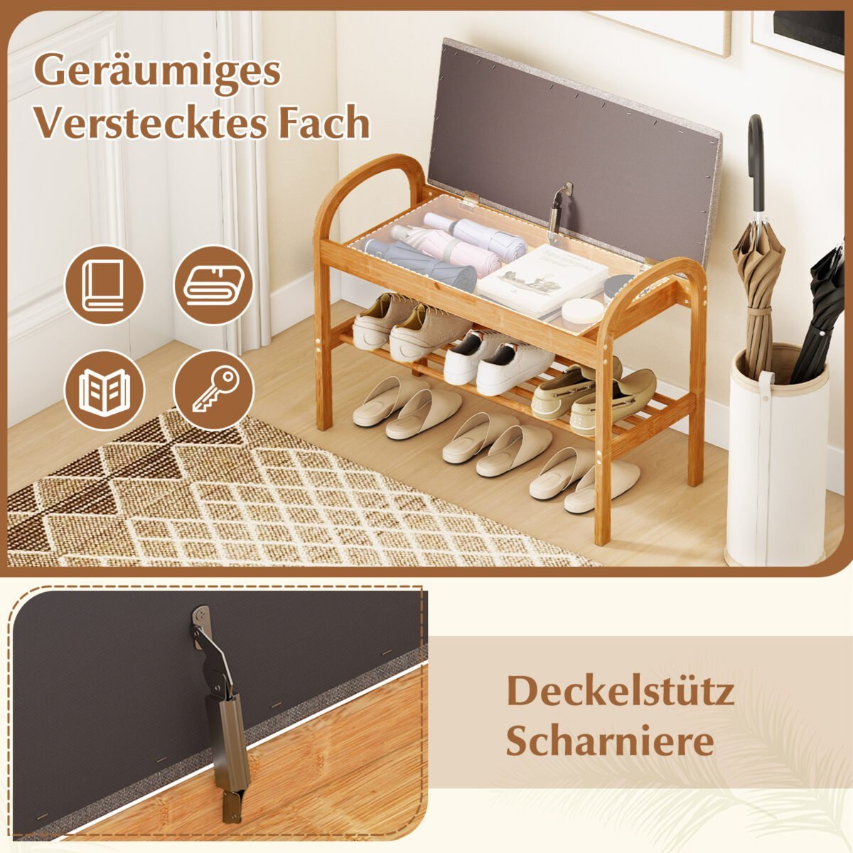 Dviaukštis bambukinis batų suoliukas su paminkštinta sėdyne ir daiktadėže (Pilka) – Paveikslėlis 4