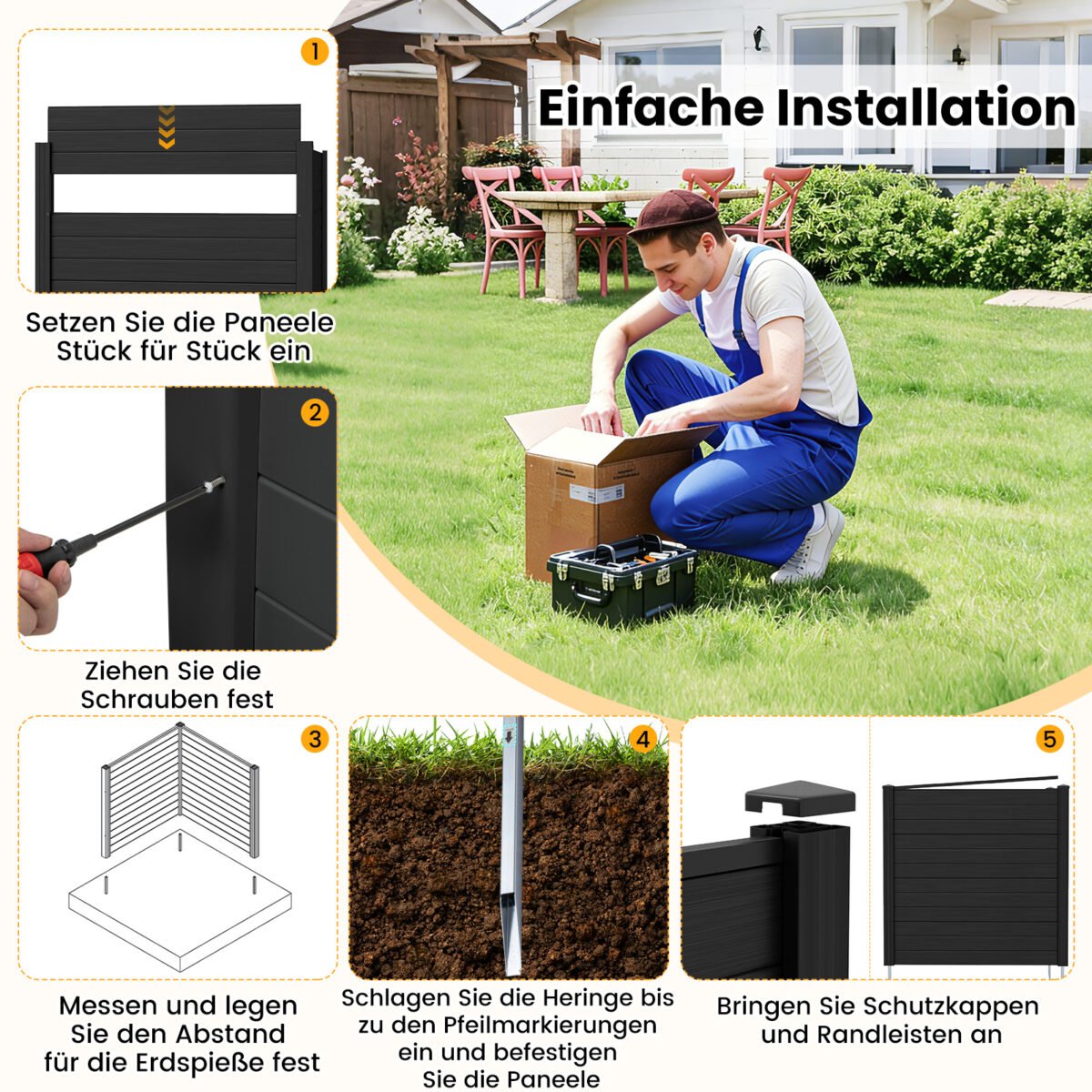 Dviejų panelių privatumo tvora su cinkuoto metalo įkasamais kuolais (Juoda) – Paveikslėlis 3