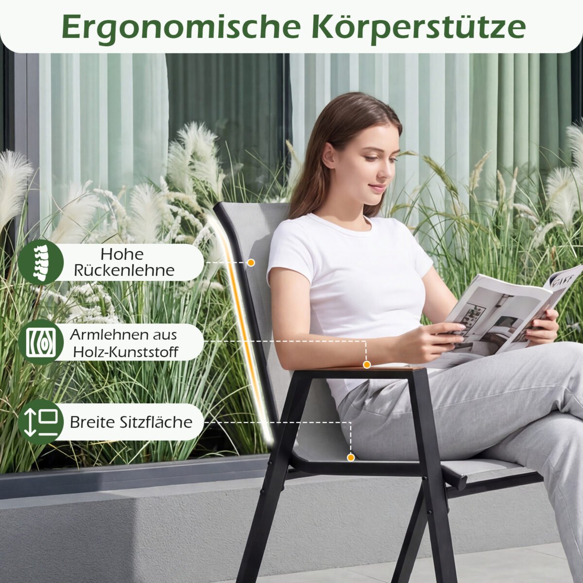 Dviejų sodo kėdžių komplektas su aukštu atlošu ir Teslin audiniu (Pilka) – Paveikslėlis 3