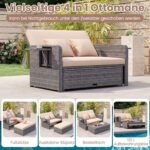 Dvivietė polirataninė sofa-lova su reguliuojama atrama nugarai ir išskleidžiamais šoniniais staliukais (Smėlio) – Paveikslėlis 2