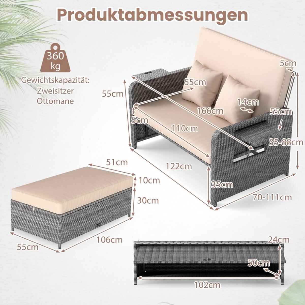 Dvivietė polirataninė sofa-lova su reguliuojama atrama nugarai ir išskleidžiamais šoniniais staliukais (Smėlio)