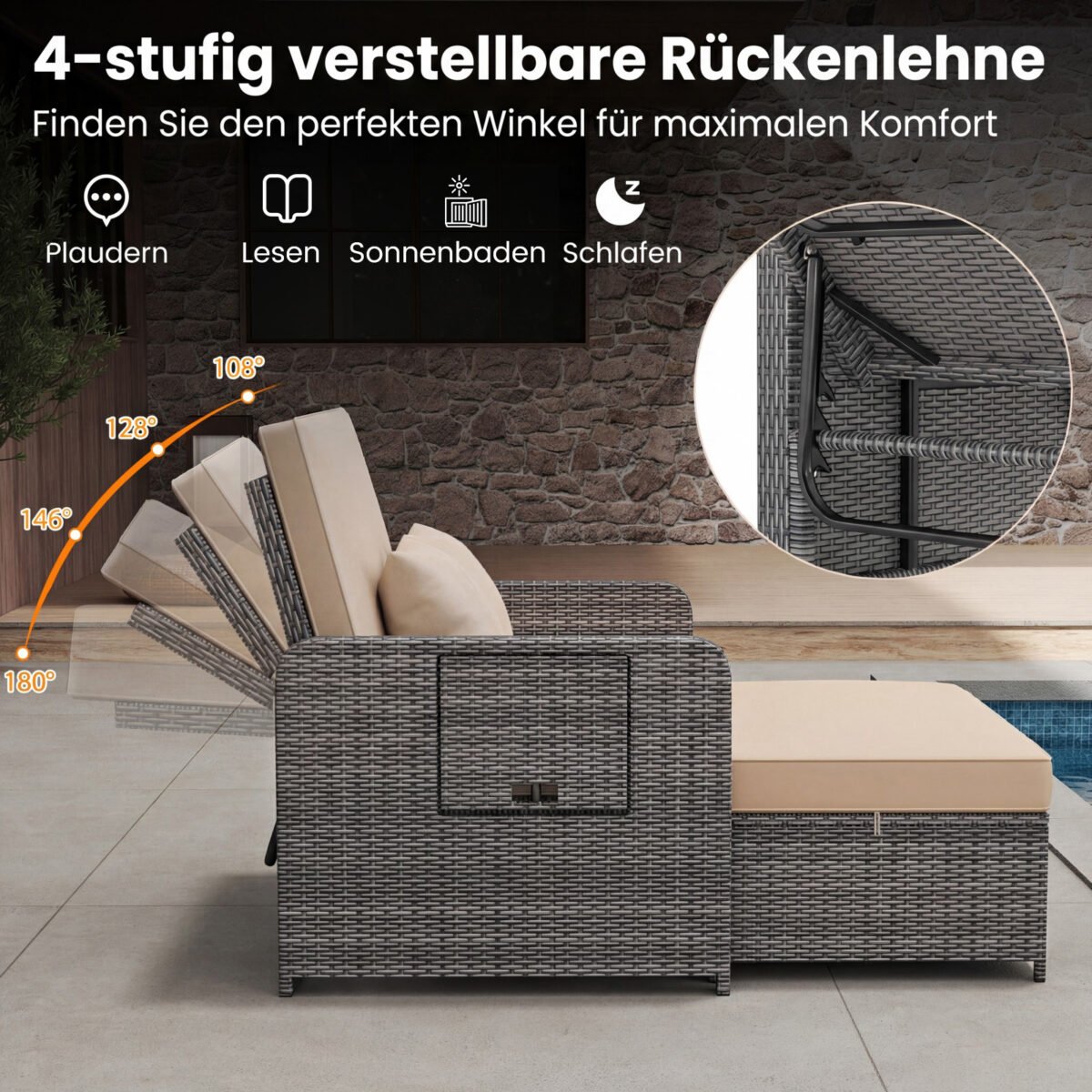 Dvivietė polirataninė sofa-lova su reguliuojama atrama nugarai ir išskleidžiamais šoniniais staliukais (Smėlio) – Paveikslėlis 3