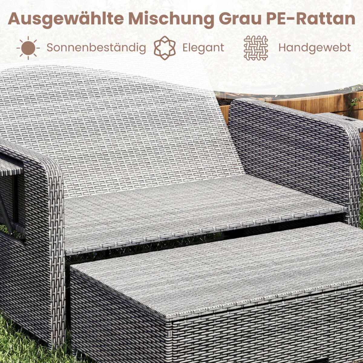 Dvivietė polirataninė sofa-lova su reguliuojama atrama nugarai ir išskleidžiamais šoniniais staliukais (Smėlio) – Paveikslėlis 4