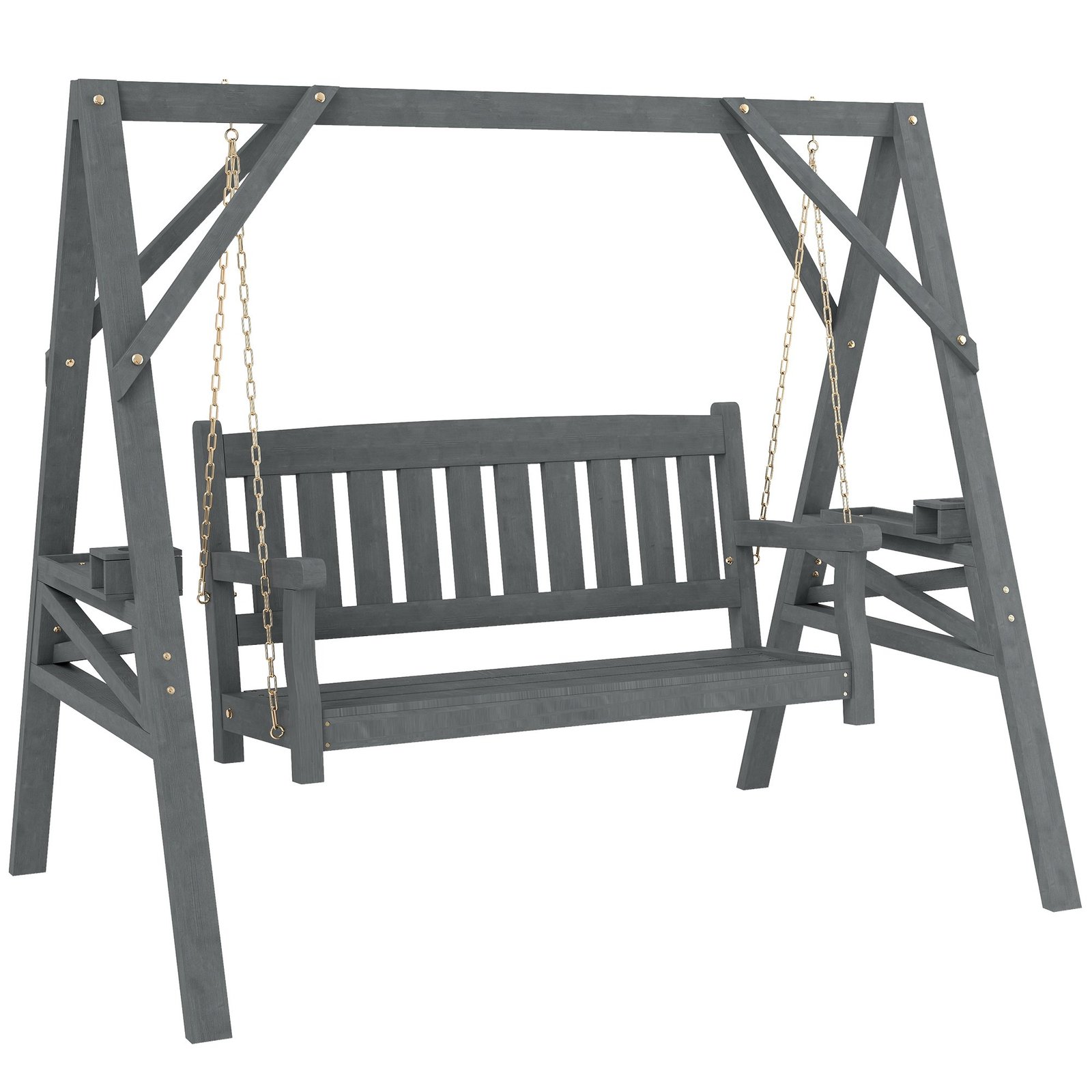 Dvivietis medinis sodo sūpynių suoliukas su šoniniais staliukais