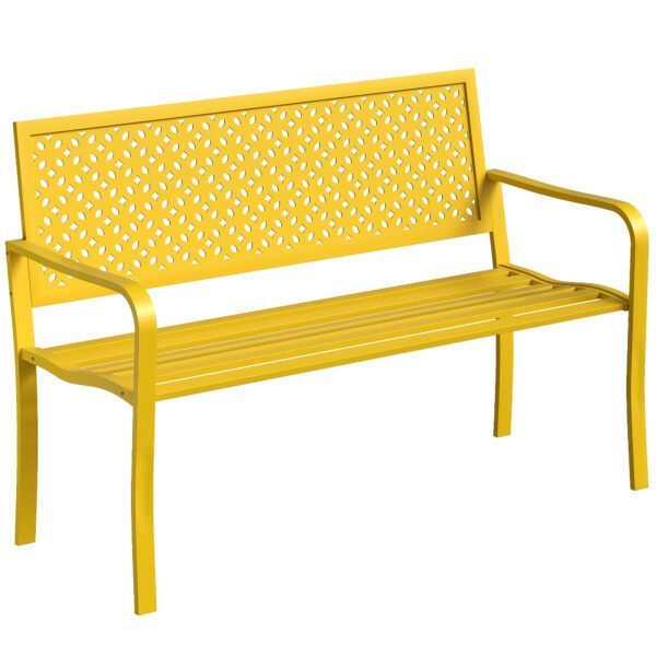 Dvivietis metalinis lauko suoliukas su geometriniu ir rūdims atspariu atlošu