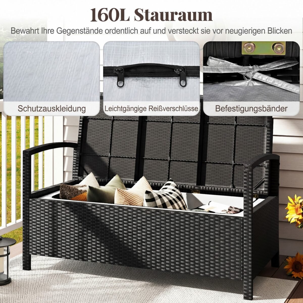 Dvivietis sodo suoliukas iš PE ratano su 160 l talpos daiktadėže (Juoda) – Paveikslėlis 3