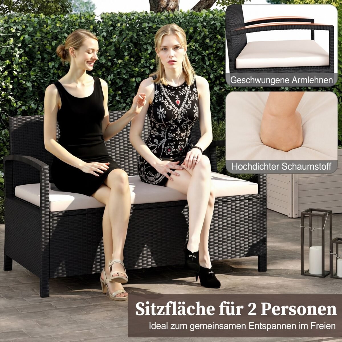 Dvivietis sodo suoliukas iš PE ratano su 160 l talpos daiktadėže (Juoda) – Paveikslėlis 4