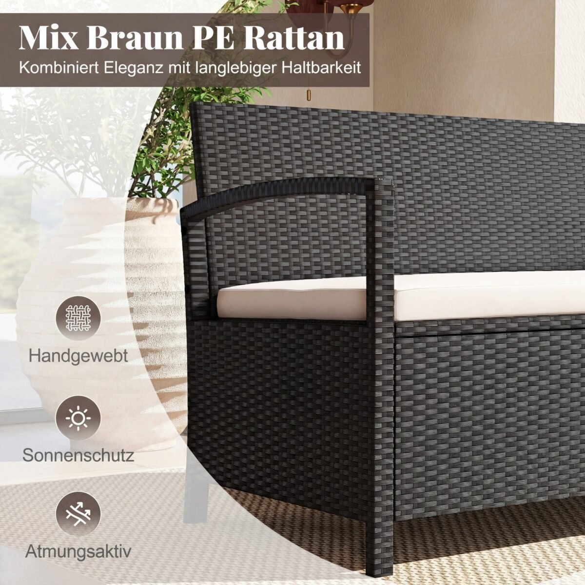 Dvivietis sodo suoliukas iš PE ratano su 160 l talpos daiktadėže (Juoda) – Paveikslėlis 5