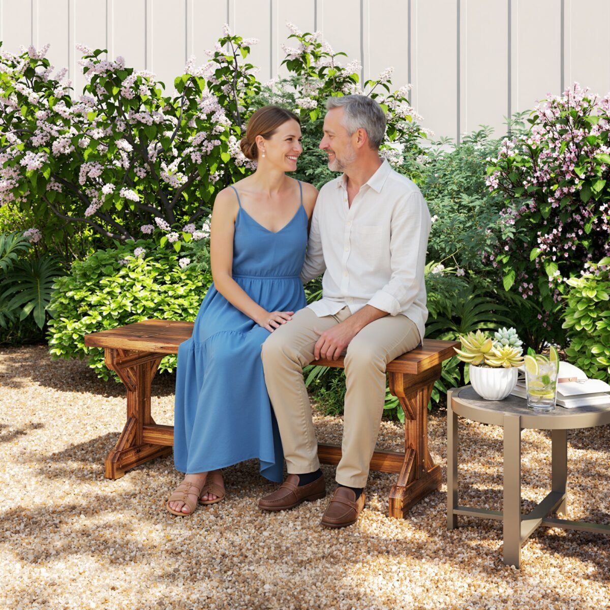 Dvivietsis karbonizuotas medinis lauko suoliukas su X formos pagrindu – Paveikslėlis 2