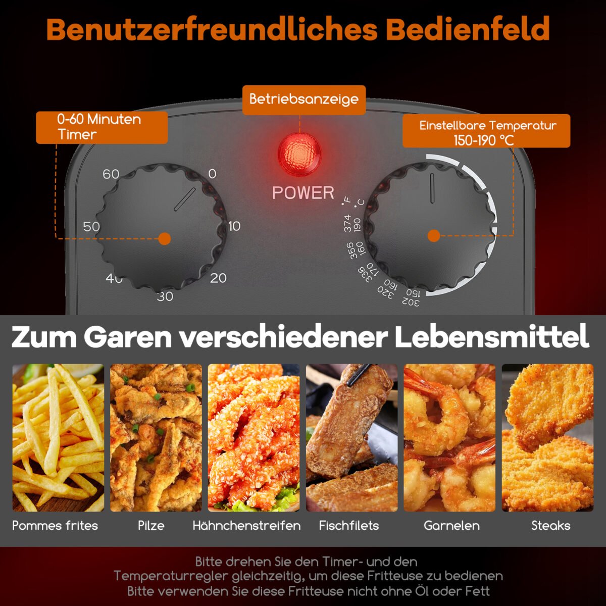 Elektrinė gruzdintuvė 5L talpos 1700W galios (Juoda) – Paveikslėlis 2