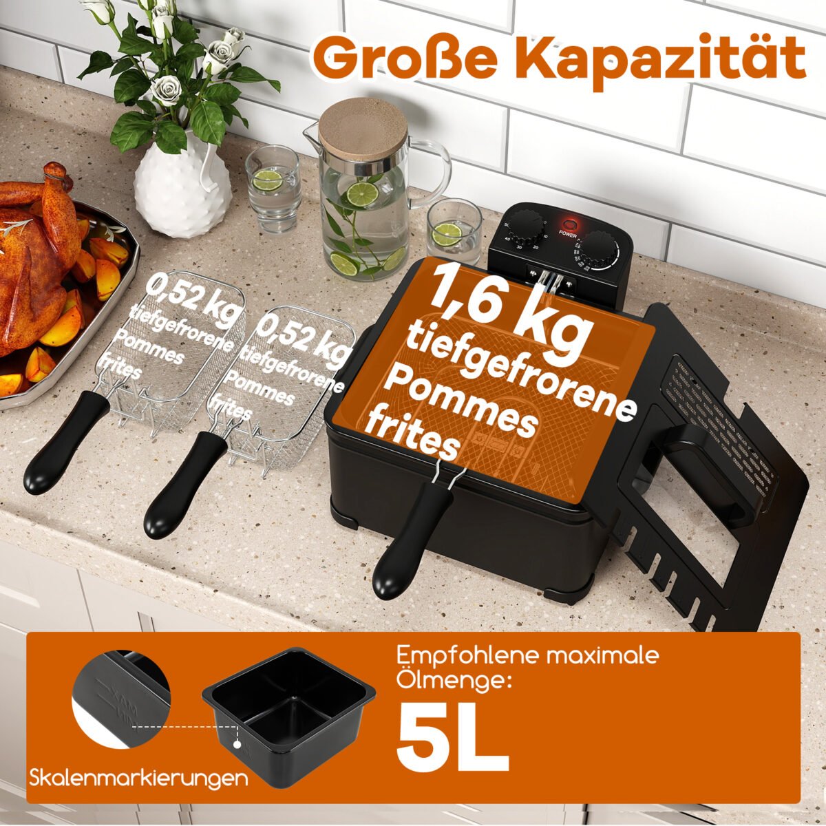 Elektrinė gruzdintuvė 5L talpos 1700W galios (Juoda) – Paveikslėlis 3