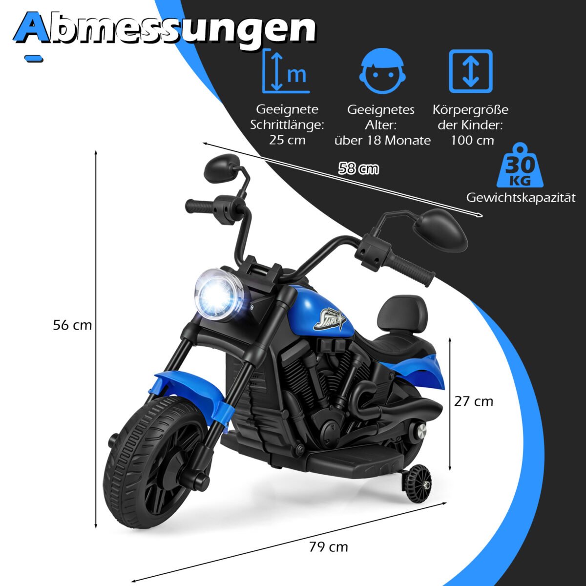 Elektrinis motociklas vaikams su atraminiais ratukais (Tamsiai mėlyna) – Paveikslėlis 5
