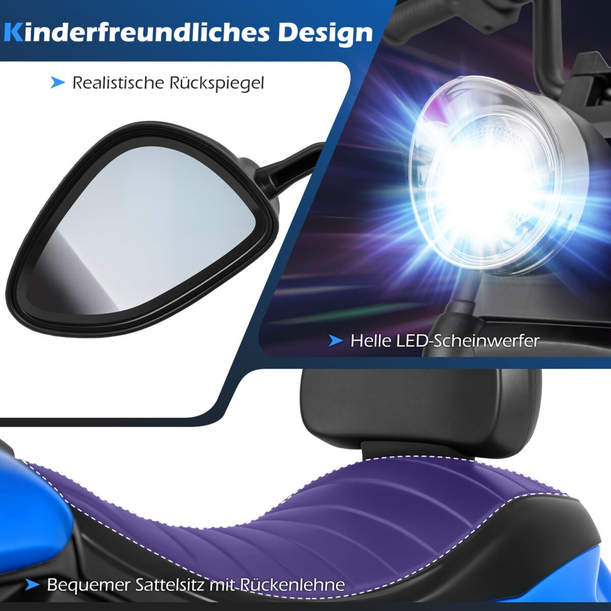 Elektrinis motociklas vaikams su atraminiais ratukais (Tamsiai mėlyna) – Paveikslėlis 3