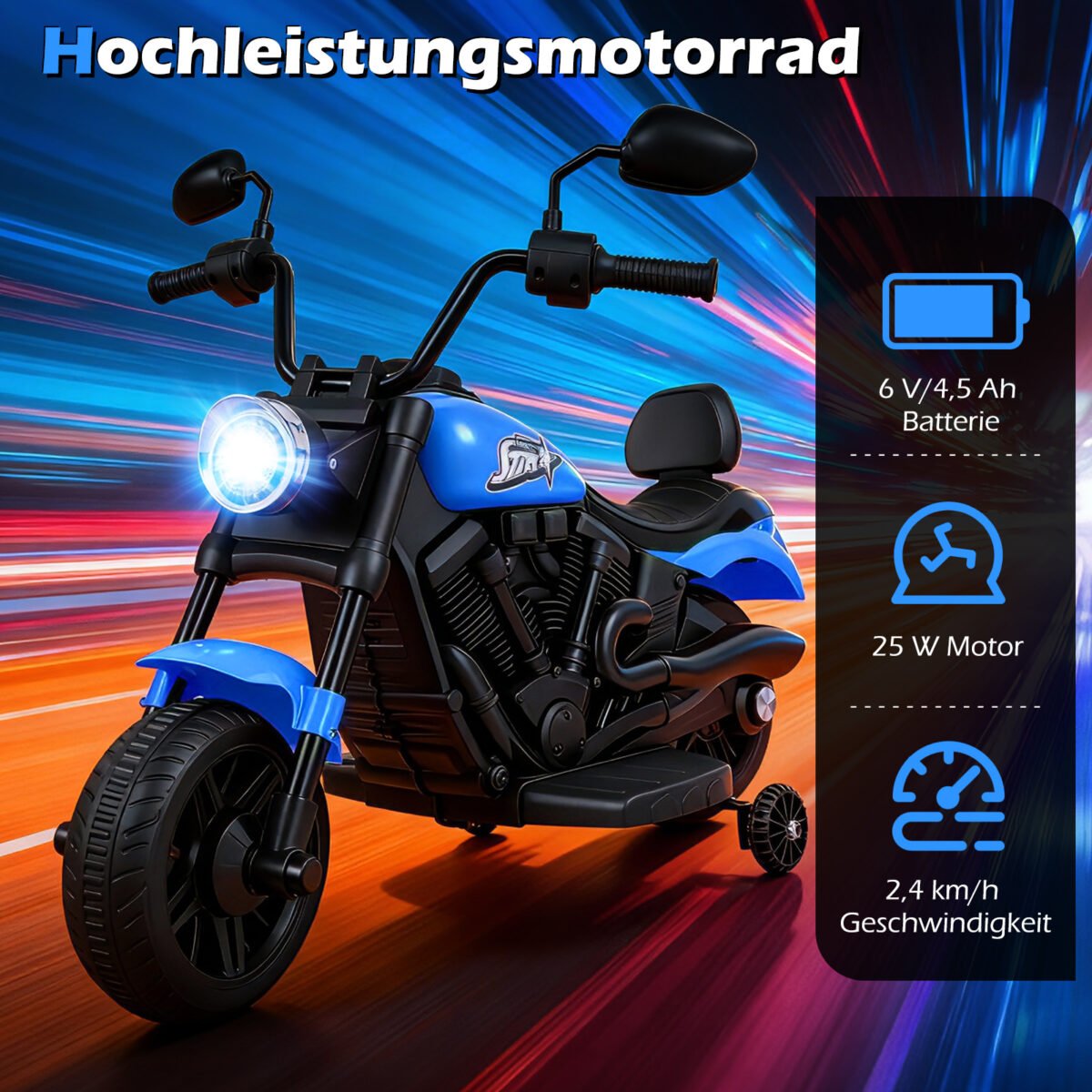 Elektrinis motociklas vaikams su atraminiais ratukais (Tamsiai mėlyna) – Paveikslėlis 4