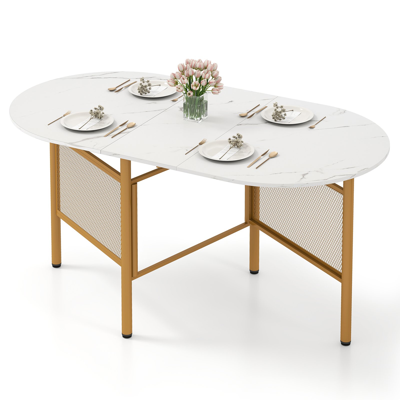 Erdvę taupantis sulankstomas valgomasis stalas su išskleidimo funkcija 6-8 asmenims (Auksinė)