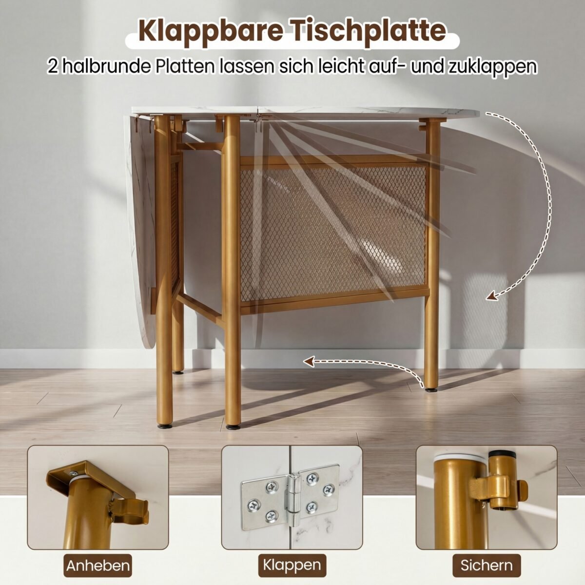 Erdvę taupantis sulankstomas valgomasis stalas su išskleidimo funkcija 6-8 asmenims (Auksinė)