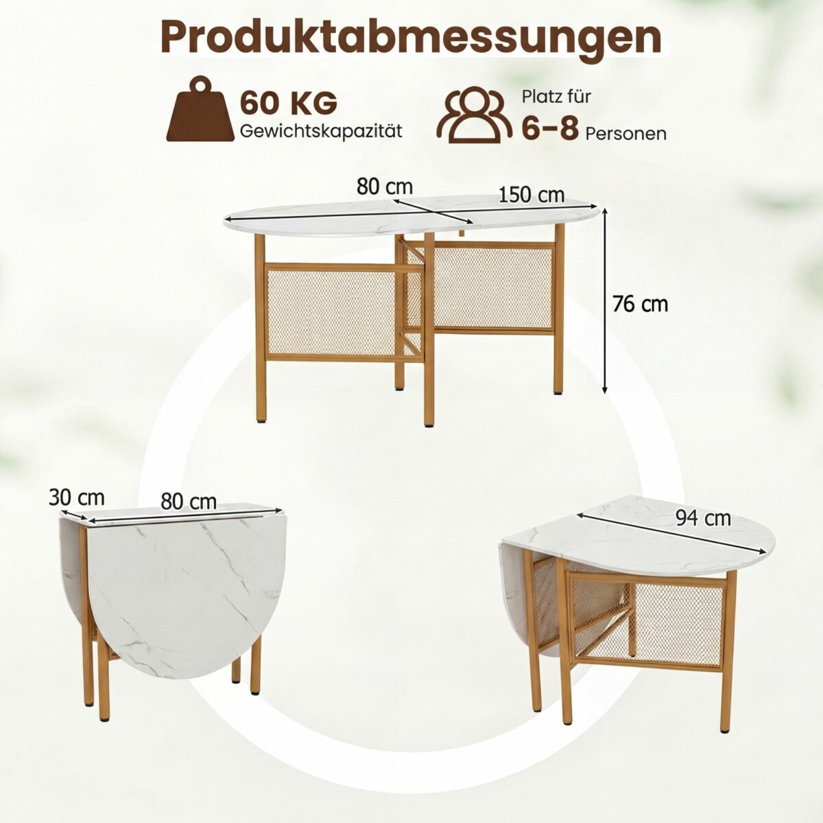 Erdvę taupantis sulankstomas valgomasis stalas su išskleidimo funkcija 6-8 asmenims (Auksinė) – Paveikslėlis 5