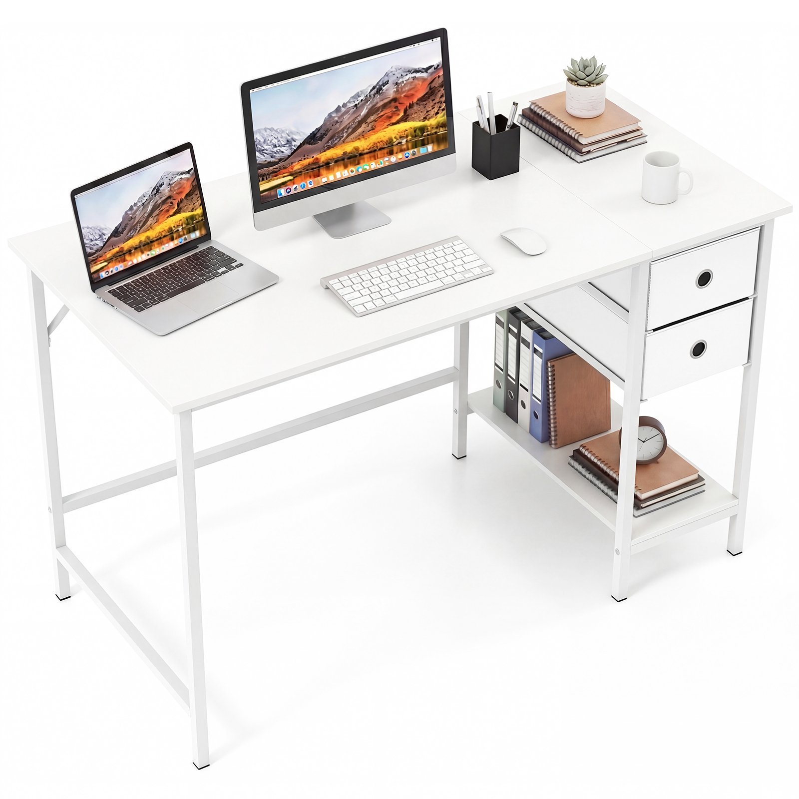 Erdvus biuro stalas su 2 audinio stalčiais ir lentyna (Balta)