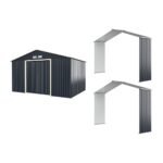 Erdvus metalinis sodo sandėliukas su 2 išplėtimo moduliais ir stumdomomis durimis (Pilka)